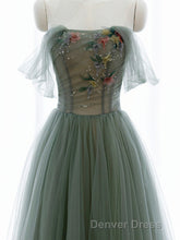 A-Line Green Tulle Long Prom Dresses, Off the Shoulder Evening Party Dresses